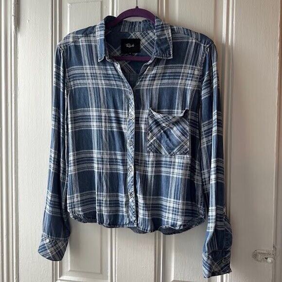 Rails Tops - Rails Blue Dana Dark Vintage Tartan Cropped Button Down Long Sleeve Small